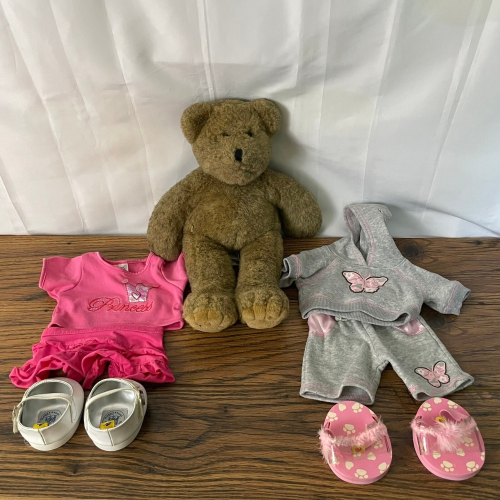 VINTAGE Build-A-Bear Brown Teddy w/ Outfits‎ & Shoes Princess Hoodie Butterfly